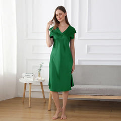 19 Momme Relaxed Fit V-neck Silk Nightgown, Dark Green