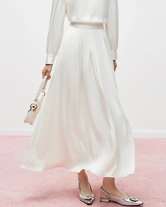 Silk Umbrella Pleated Maxi Skirt, White