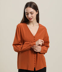 Deep V-Neck Long Sleeve Women Silk Blouse