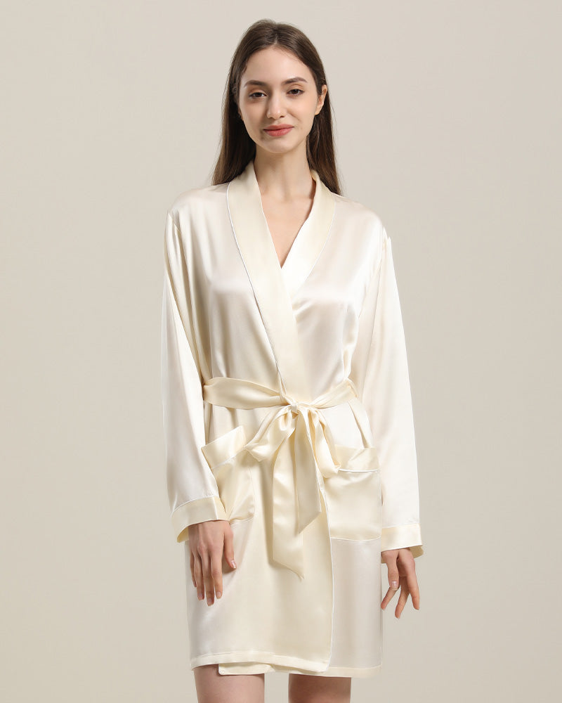 Women Classic Silk Robe Mid Length Silk Sleepwear with Long Sleeve ...
