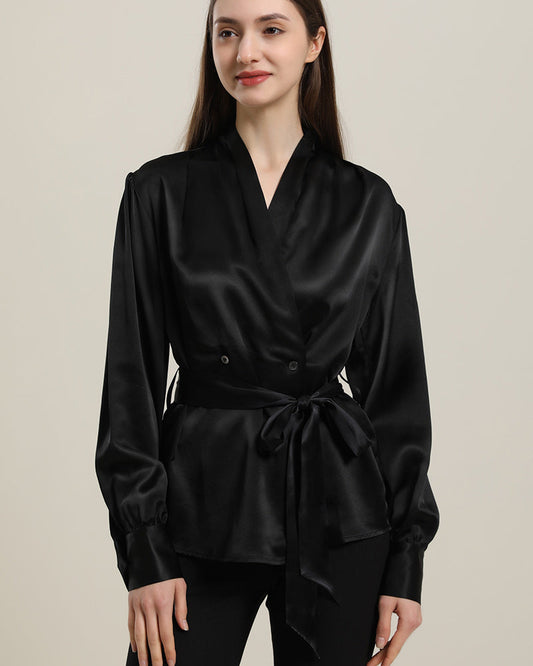 V-Neck Silk Blouse with Belt