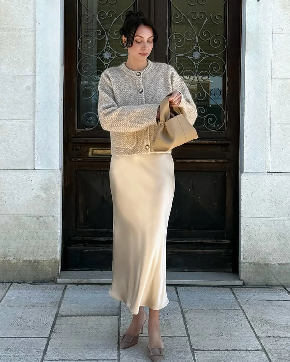 Versatile Silk Midi Skirts with Elastic Waistband, Champagne