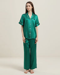Short Sleeve Silk Pajamas Set, Dark Green
