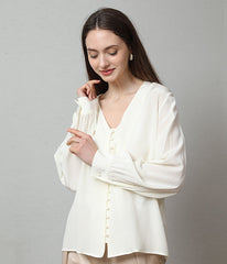 Deep V-Neck Long Sleeve Women Silk Blouse