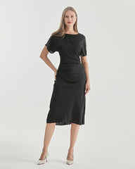 Silk Short Sleeve Pleated Dress Black