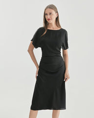 Silk Short Sleeve Pleated Dress Black