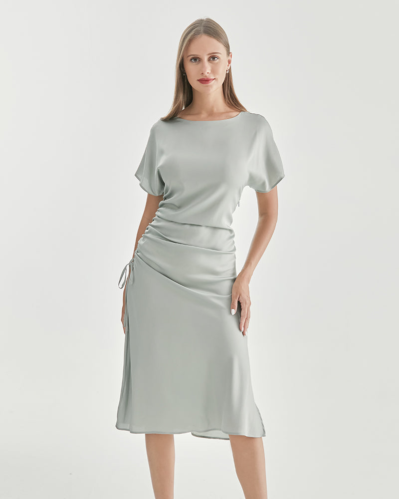 Silk Short Sleeve Pleated Dress Light Green