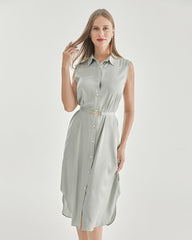 Belted Shirt Dress Sleeveless Silk Dress