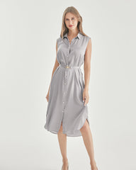 Belted Shirt Dress Sleeveless Silk Dress