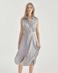 Belted Shirt Dress Sleeveless Silk Dress