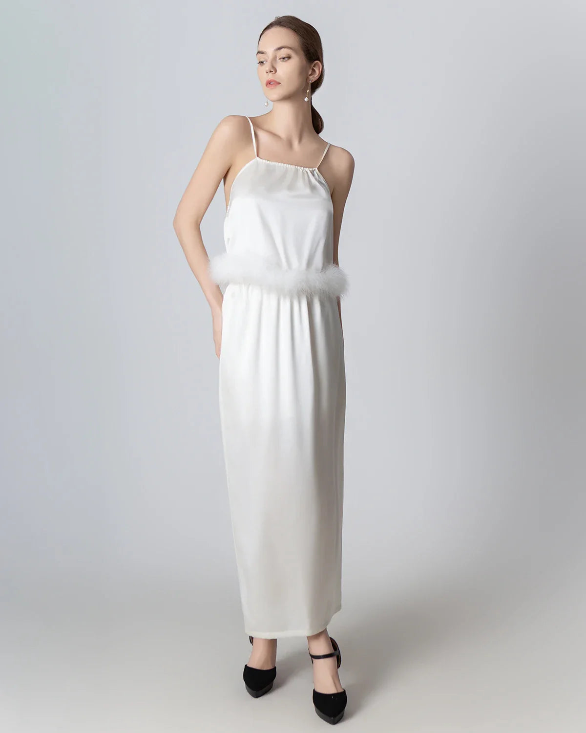 Backless Silk Camisole and Silk Maxi Skirt Set, White