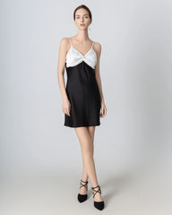 Black Contrast Bow Cami Mini Silk Dress, Black and White
