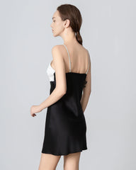 Black Contrast Bow Cami Mini Silk Dress, Black and White