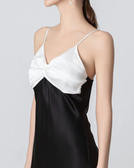 Black Contrast Bow Cami Mini Silk Dress, Black and White