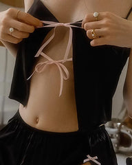 Bow Silk Camisole and Short Set, Black