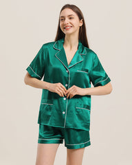 Button Up Silk Short Pajama Set Green