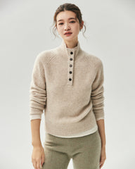 Cashmere Silk Marled Half Button Mock Neck Sweater