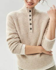 Cashmere Silk Marled Half Button Mock Neck Sweater