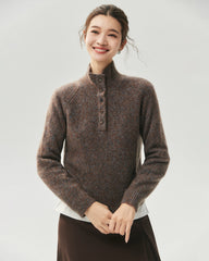 Cashmere Silk Marled Half Button Mock Neck Sweater