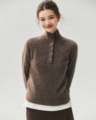 Cashmere Silk Marled Half Button Mock Neck Sweater