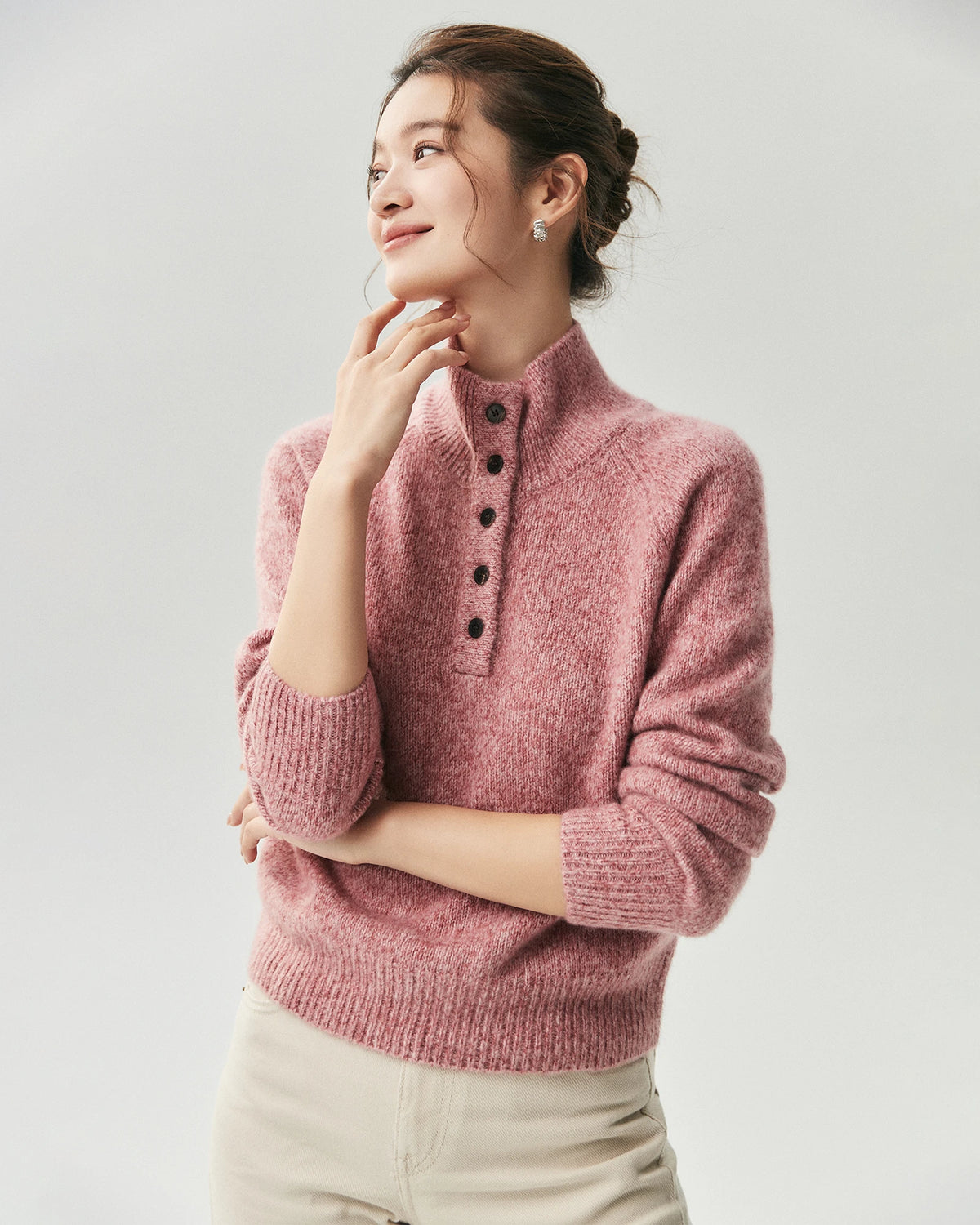Cashmere Silk Marled Half Button Mock Neck Sweater