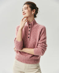 Cashmere Silk Marled Half Button Mock Neck Sweater