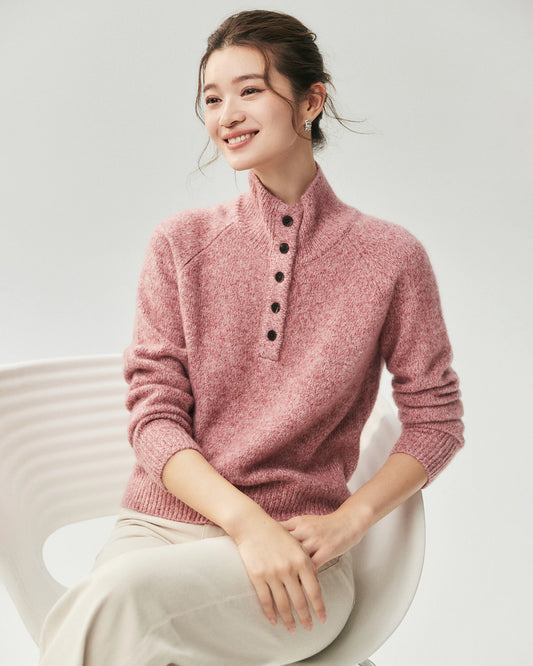 Cashmere Silk Marled Half Button Mock Neck Sweater