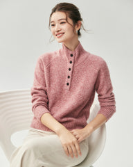 Cashmere Silk Marled Half Button Mock Neck Sweater