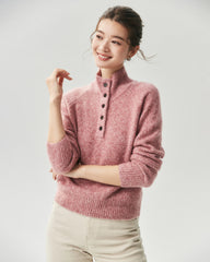 Cashmere Silk Marled Half Button Mock Neck Sweater