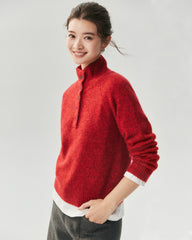 Cashmere Silk Marled Half Button Mock Neck Sweater