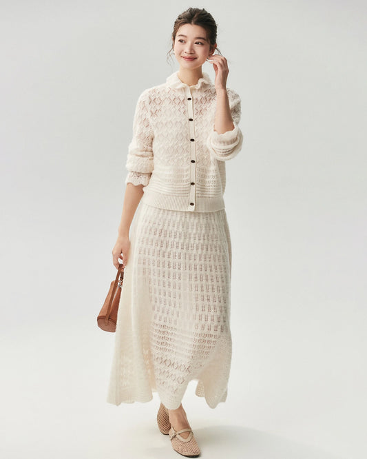Cashmere Silk Open Knit Cardigan and Maxi Skirt