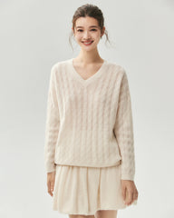 Cashmere Silk V-Neck Cable Knit Sweater