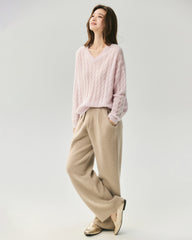 Cashmere Silk V-Neck Cable Knit Sweater