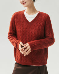 Cashmere Silk V-Neck Cable Knit Sweater
