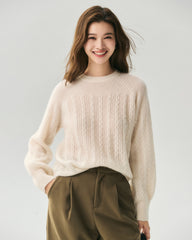 Cashmere Silk Wavy Cable Knit Crew Neck Sweater
