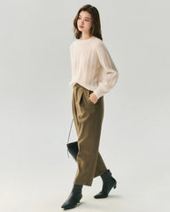 Cashmere Silk Wavy Cable Knit Crew Neck Sweater