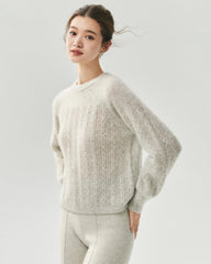 Cashmere Silk Wavy Cable Knit Crew Neck Sweater