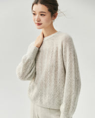 Cashmere Silk Wavy Cable Knit Crew Neck Sweater