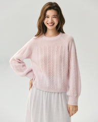Cashmere Silk Wavy Cable Knit Crew Neck Sweater