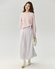 Cashmere Silk Wavy Cable Knit Crew Neck Sweater