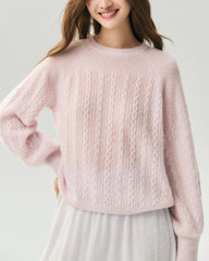 Cashmere Silk Wavy Cable Knit Crew Neck Sweater