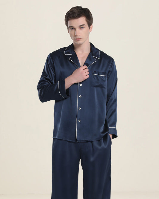Casual Lapel Collar Silk Pajamas Set for Men