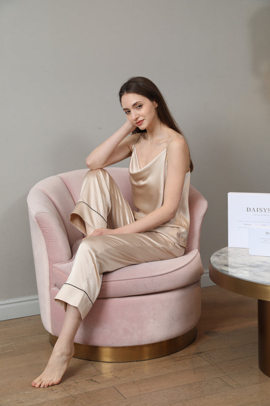 Cowl Neck Camisole Silk Pajama Set， Champagne