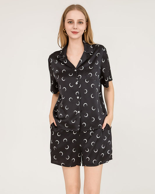 Crescent Silk Short Pajamas Set, Black