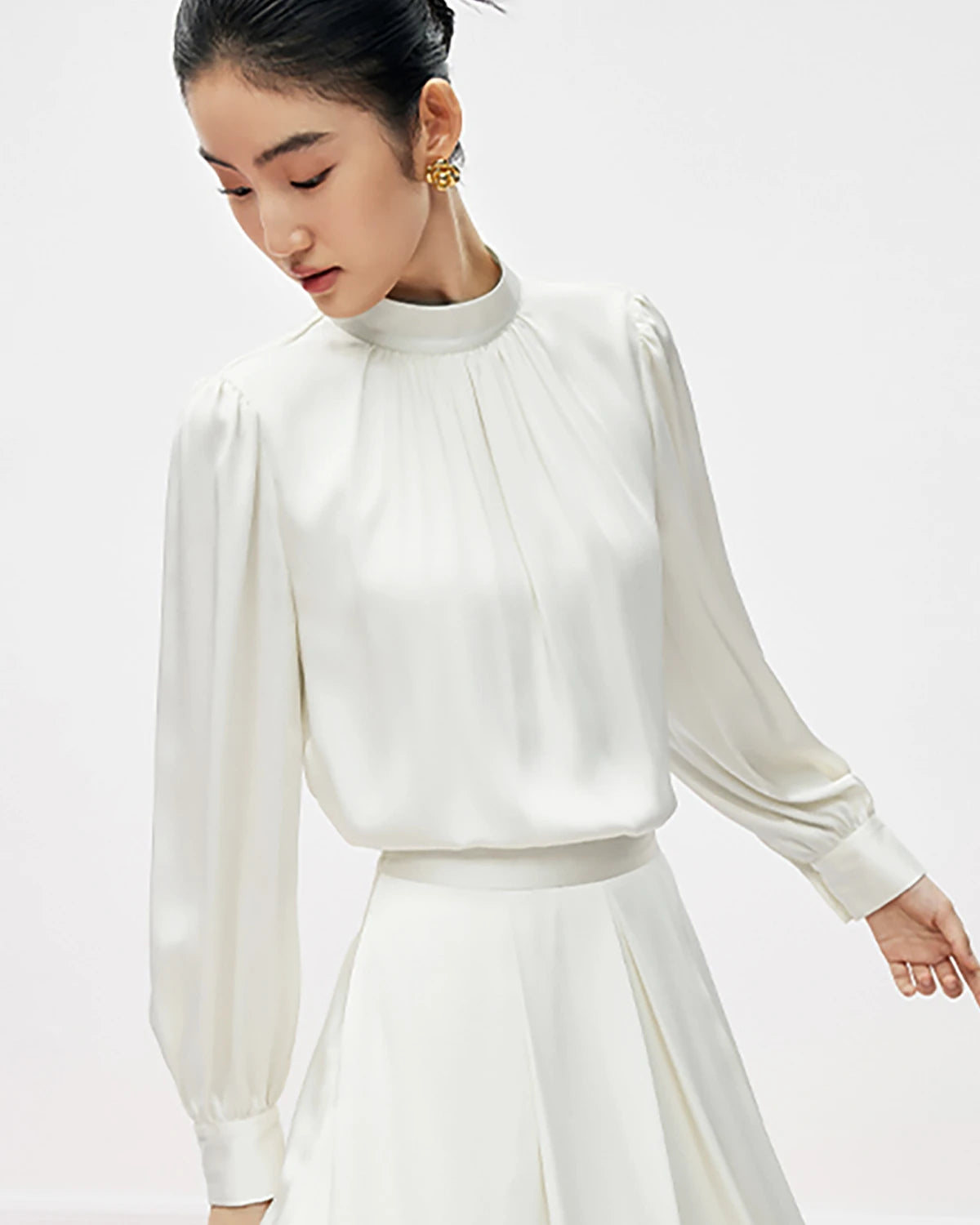 Mock Neck Pleated Silk Blouse, White