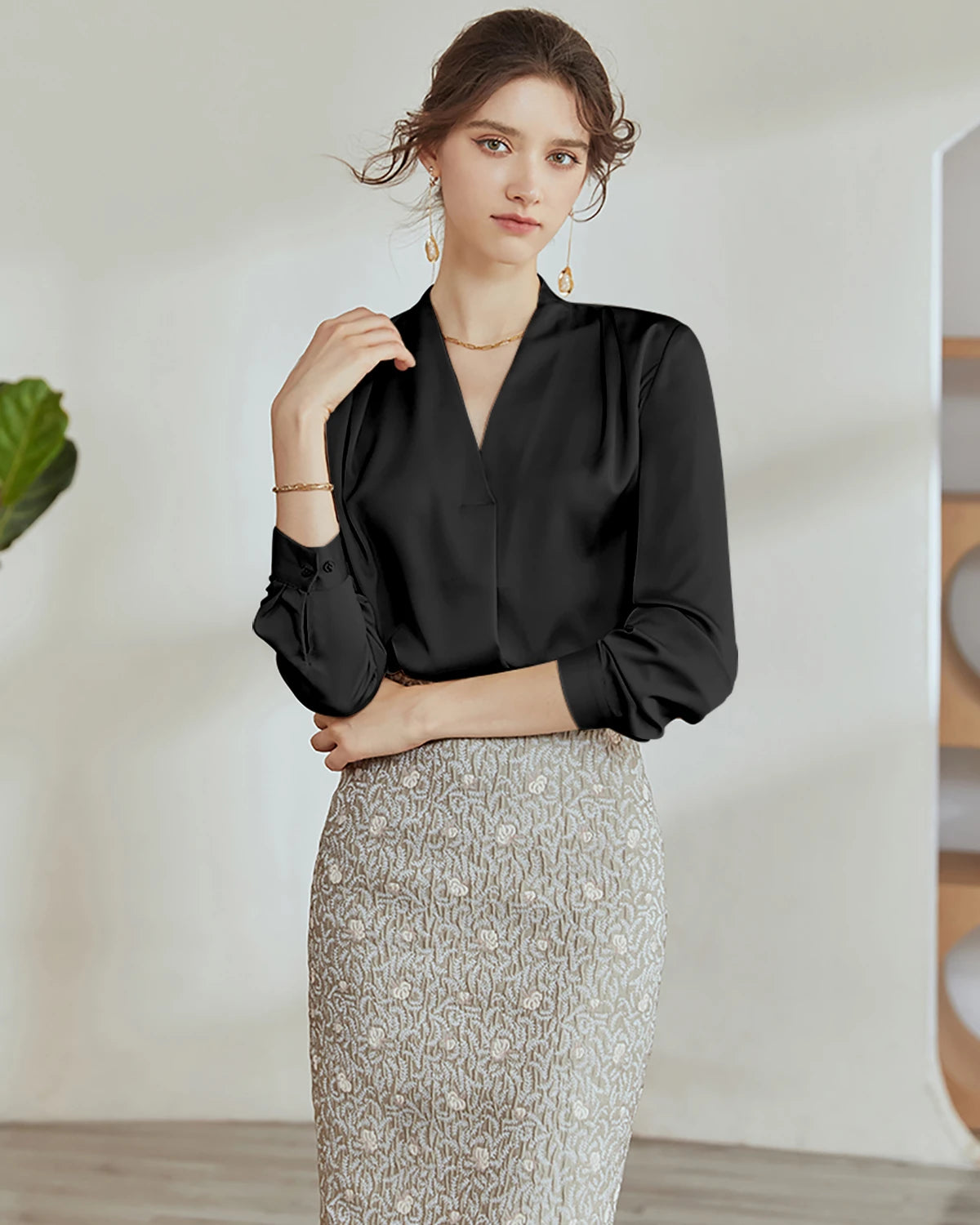 V-Neck Silk Pleated Blouse, Black