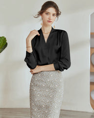 V-Neck Silk Pleated Blouse, Black