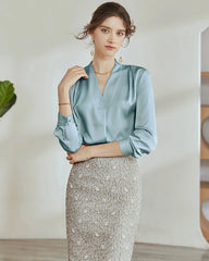 V-Neck Silk Pleated Blouse