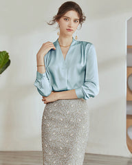 V-Neck Silk Pleated Blouse, Haze Blue