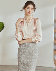 V-Neck Silk Pleated Blouse, Lotus Loot Pink